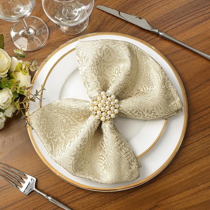 Beige Cloth Napkins Set of 6, 18 x 18 Inch Dinner Napkins | Reusable Washable Cotton Polyester Soft Luxury Elegant Fancy Jacquard Fabric Table Napkins - Image 2