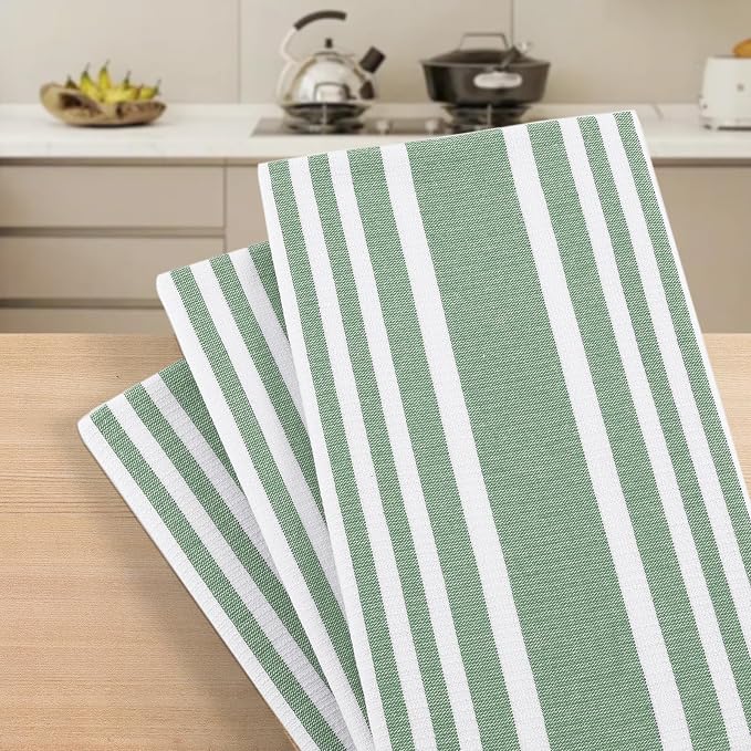 Homaxy Premium Cotton Stripe Kitchen Towels 6 Pack, 18"x 28", Grass Green | Large 380 GSM Kitchen Hand Towels, Soft Terry Dish Towels, Highly Absorbent Tea Towel Set with Hanging Loop - Image 7