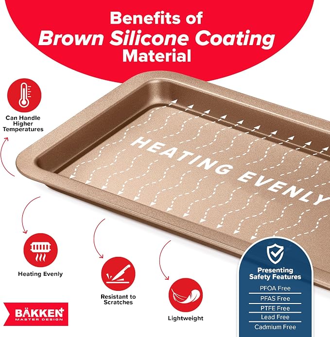 BAKKEN 3-Piece Kitchen Baking Pans - Small, Medium, and Large Cookie Pan, With Nonstick Coating, Stackable and Space-saving Design, PFOA, PFOS, PTFE Free, Oven Safe Tray (Up To 450°F), Brown - Image 5