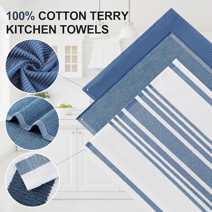 Homaxy Cotton 380 GSM Premium Kitchen Towels, 18"x 28", 6 Pack, Navy Blue | Soft and Absorbent Terry Dish Towels, Multipurpose Tea Towel Set with Hanging Loop, 3 Styles Kitchen Hand Towels - Image 2