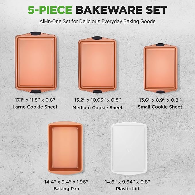 NutriChef 5‑Piece Non‑Stick Bakeware Set – Premium Carbon Steel Baking Pans Set with Silicone Handles, Stackable Oven Pan Set for Cookies, Sheet Cakes, & Roasting - Image 4