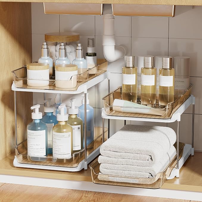 Delamu 2-Tier Multi-Purpose Bathroom Under Sink Organizers and Storage, Stackable Kitchen Pantry Organization, Pull Out Medicine Cabinet Organizer with Movable Dividers, Amber, 2 Pack - Image 6