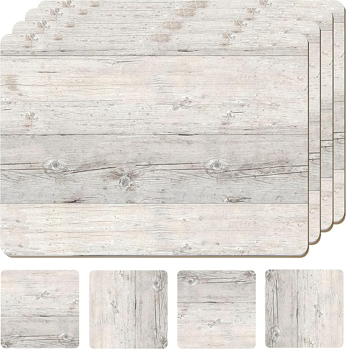 Set of 4 Heat Resistant Cork Placemats for Dining Table with Free Set of 4 Matching Drink Coasters Cork Wood Design Print 16 x 12 Inches Cork Backed Hard Placemats (White Driftwood) by Moderry