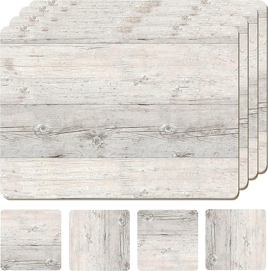 Set of 4 Heat Resistant Cork Placemats for Dining Table with Free Set of 4 Matching Drink Coasters Cork Wood Design Print 16 x 12 Inches Cork Backed Hard Placemats (White Driftwood) by Moderry