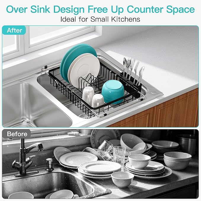JASIWAY Black Dish Drying Rack Over the Sink with Utensil Holder | Expandable Stainless Steel Dish Driainers for Small Kitchen, Counter Space Saving, Fast Drain, Rust Resistant, For Apartment - Image 2