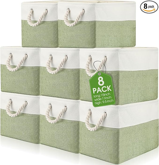 meekoo 8 Pack Collapsible Storage Bins Fabric Storage Bins Polyester Fabric Baskets with Handles Linen Closet Organizer for Shelf Home Closet Towels Toys(15 x 11 x 9.5 in,Green White) by meekoo