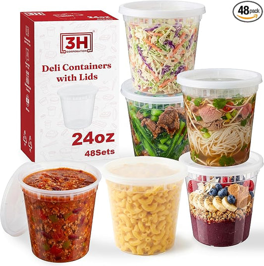 24oz Deli Containers with Lids (48 Set/96 Pcs) Food Storage Containers, Freezer Microwave Safe, BPA-Free Plastic, Stackable Snack Airtight Soup Leakproof Leftover Organizers & To-Go by 3HCORPORATION