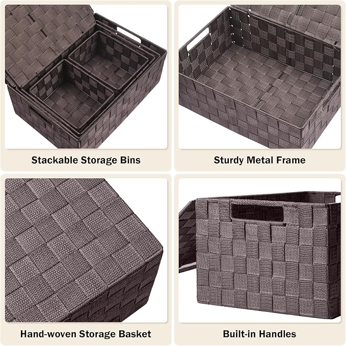Storage Baskets with Lids: 5 Pack Stackable Woven Storage Bins, Brown | Decorative Woven Baskets for Organizing with Built-In Handles for Shelves, Closets, Cabinets and Cubbies, Gift Small Basket - Image 4
