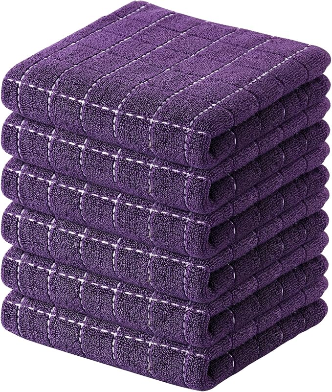 Kitinjoy 100% Cotton Terry Kitchen Towels, 13”x 28”, 6-Pack, Purple | Checkered Designed, Ultra Soft Absorbent Quick Drying Dish Towels by Kitinjoy