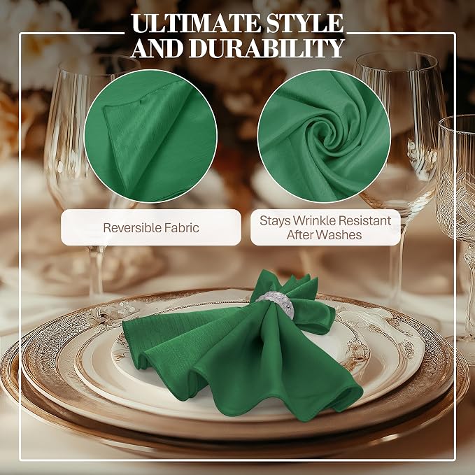 17x17-Inch Shantung Satin Cloth Napkins, Emerald Set of 24 | Bulk Case of 2 Dozen, Square, 100% Polyester Fabric, Reversible, Faux Dupioni Silk Reverse Side, Machine Washable, Green - Image 3