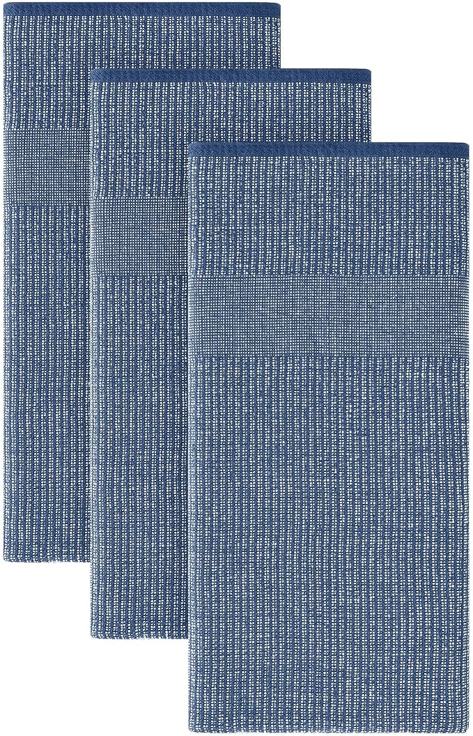 Homaxy 380 GSM Cotton Premium Kitchen Towels 3 Pack, 18"x 28", Navy Blue | Flat and Terry Dish Towels, Highly Absorbent Tea Towel Set with Hanging Loop, Soft Utility Kitchen Hand Towels by Homaxy