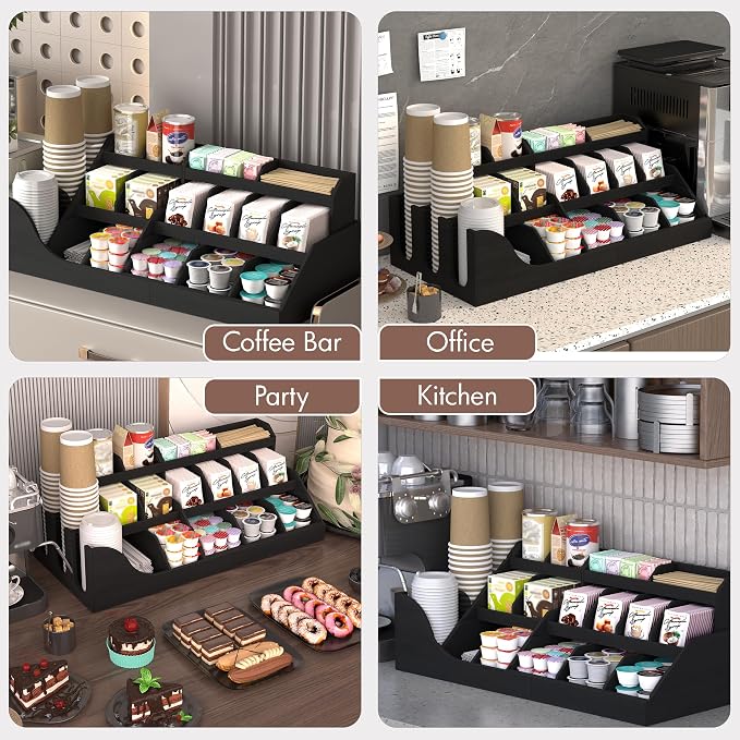 Suli 3-Tier Coffee Bar Station Organizer for Countertop,Extra large,18-Slot | Coffee Storage Basket for Kitchen Counter,Office,Hotel,Pod Holder with Drawer for Condiment Syrup,Tea Cup,Wooden,Rustic Black - Image 7