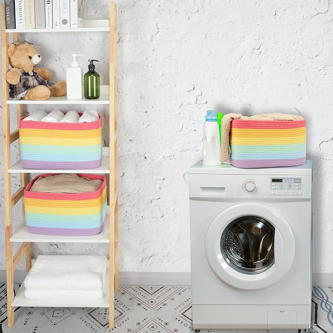 XUANGUO Woven Cotton Rope Storage Baskets 15x10x9.3" 3 Pack Rainbow | Colorful storage baskets for shelves and playrooms; toy storage bins organize kids' toys, books, clothes and nursery items. - Image 5
