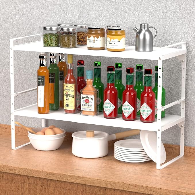 Expandable Cabinet Storage Shelf Organizer Rack, Heavy Duty Cupboard Stand Spice Rack Adjustable Height Garage Pantry Shelf Space Riser for Counter Kitchen Organization, White, 1 Pack - Image 7