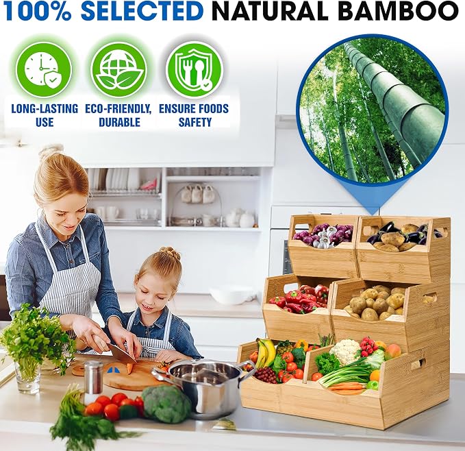 3-tier Stackable Bamboo Pantry Storage Bins, Potato & Onion Storage Baskets | Upgraded Storage Basket with Handles, Removable Divider, Natural Pantry Organizer Holder for Kitchen, Cabinet, Fruit Storage - Image 6