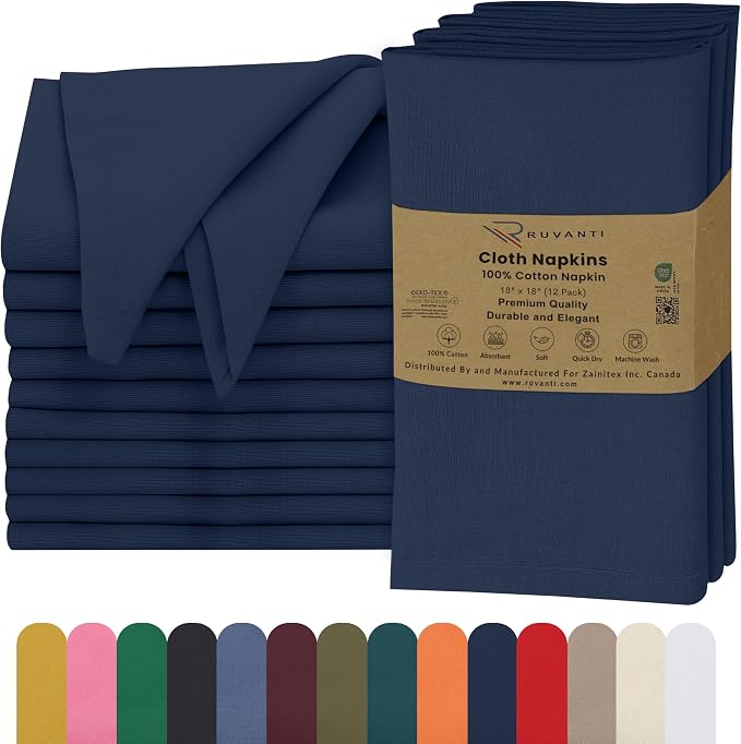 Ruvanti Cloth Napkins Set of 12, 18x18 Inches, 100% Cotton, Washable, Soft & Absorbent, Perfect for Wedding, Christmas, ‎Thanksgiving Dinners - Pageant Blue by Ruvanti