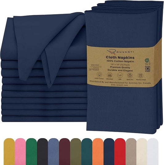 Ruvanti Cloth Napkins Set of 12, 18x18 Inches, 100% Cotton, Washable, Soft & Absorbent, Perfect for Wedding, Christmas, ‎Thanksgiving Dinners - Pageant Blue by Ruvanti