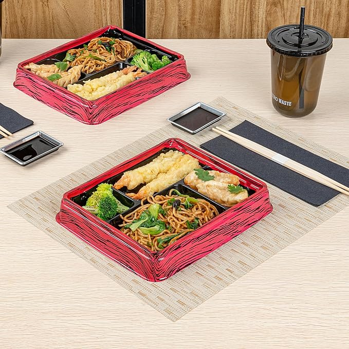Restaurantware Bento Tek 15.2 Ounce Meal Prep Containers, 100 Disposable To Go Food Boxes - Lids Sold Separately, 4 Compartments, Red And Black Plastic Bento Lunch Boxes, Freezable, For Take Out - Image 3