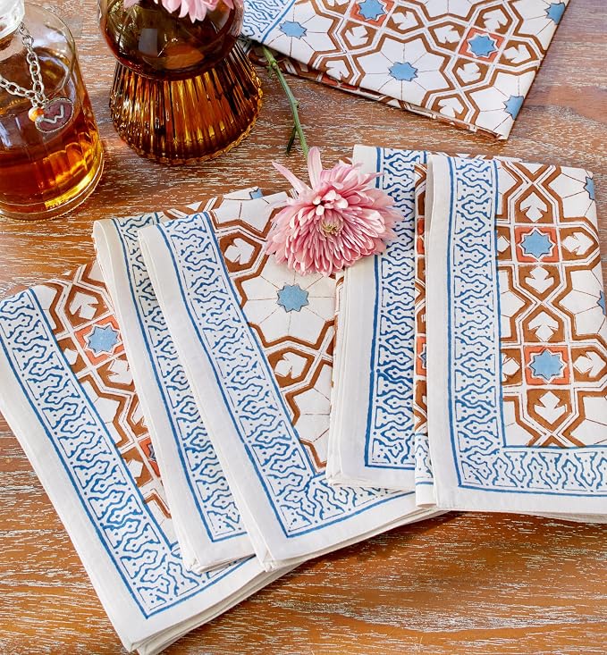 100% Blue Cotton Dinner Napkins, Set of 6, Hand Printed Mosaique Bleue Main Design, Fair Trade, Washable Cloth Napkins for Parties & Cocktails 20x20 in by SaffronMarigold