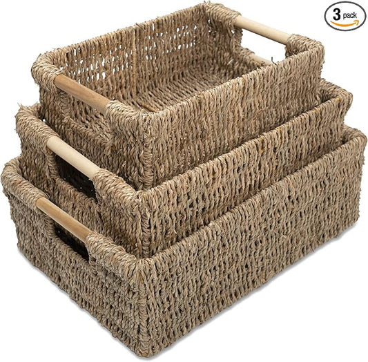VATIMA Seagrass Baskets with Wooden Handles, Set of 3 Decorative Natural Wicker Baskets for Kitchen by VATIMA
