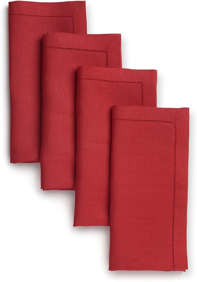 Signature Linen™ by D'Moksha Racing Red Dinner Napkins Set of 4, 20 x 20 Inch Cloth Napkins, 100% Pure Linen, Hemstitch, Machine Washable Table Napkins- Summer, Weddings, Outdoor hostings by DMokshaHomes