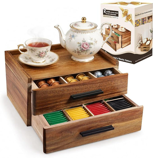 Acacia Wood Tea Bag Organizer - Double-Drawer Tea Box(21-Compartment) | With Gift Box, Countertop Tea Station Caddy for Home Office & Cabinet by Unknown