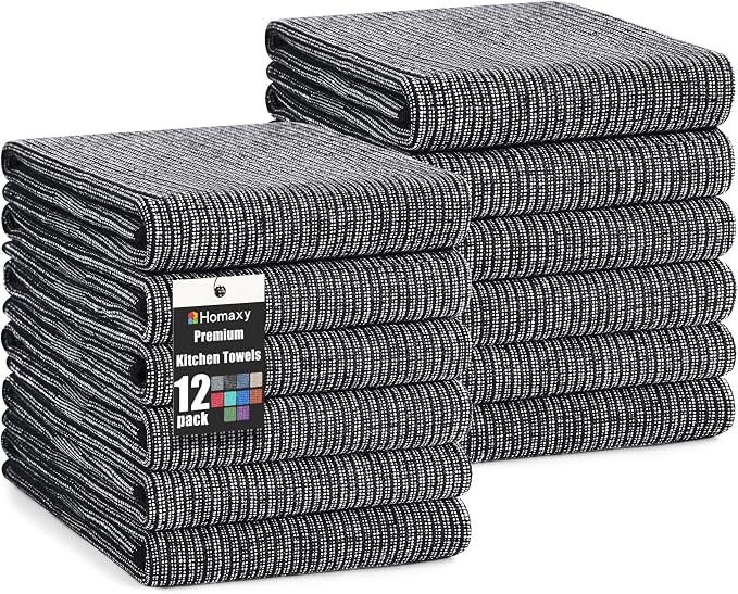 Homaxy 380 GSM Cotton Premium Kitchen Towels 12 Pack, 18"x 28", Black | Flat and Terry Dish Towels, Highly Absorbent Tea Towel Set with Hanging Loop, Soft Utility Kitchen Hand Towels by Homaxy