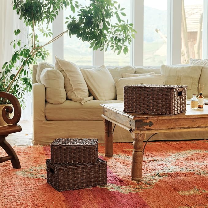 Granny Says Wicker Baskets with Lids, Decorative Storage Boxes With Lids | Woven Baskets With Lids, Wicker Baskets For Storage, Decorative Storage Boxes, Woven Stackable Basket with Lid for Organizing - Image 4