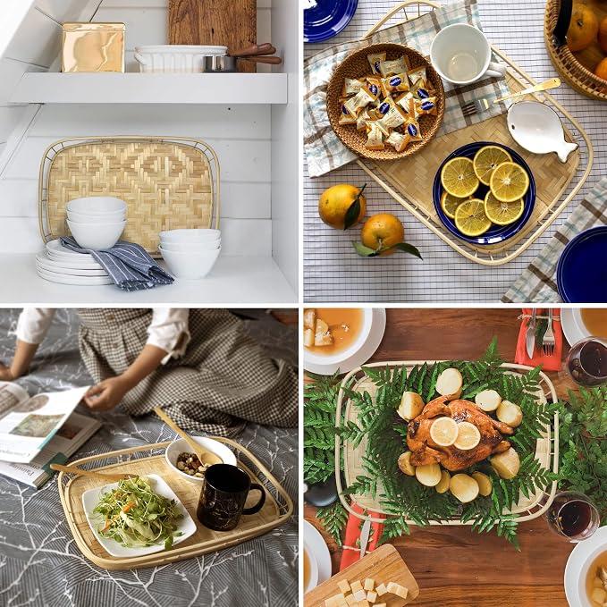 PEMAR Extra Large Bamboo Serving Trays with Handles, Set of 2 Measuring 19.3" x 13.8" Large Woven Dinner Tray, Rustic Wicker Rattan Tray Style for Eating, Bed Breakfast, Couch TV Lap Tray - Image 10