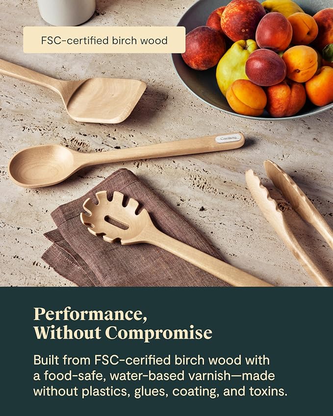 Caraway 9-Piece Wooden Kitchen Utensils Set for Cooking | Serving, and Plating, Full-Size and Mini Spoons, Scrapers, Spatulas, Tongs and Server, Birch Wood - Image 4