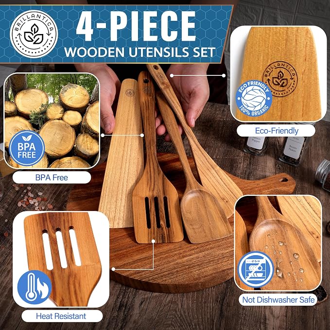 Wooden Kitchen Utensil Set of 4, Natural Wood Spoons and Spatulas, Non Toxic Eco Friendly Durable Wooden Turner and Spatula Set for Cooking. Perfect kitchen cooking utensils. - Image 2