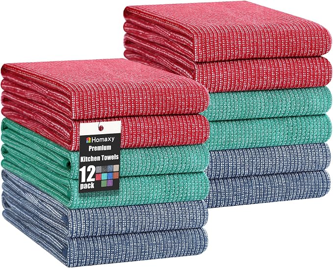 Homaxy 380 GSM Cotton Premium Kitchen Towels 12 Pack, 18"x 28", Mix | Flat and Terry Dish Towels, Highly Absorbent Tea Towel Set with Hanging Loop, Soft Kitchen Hand Towels, Navy/Red/Green by Homaxy