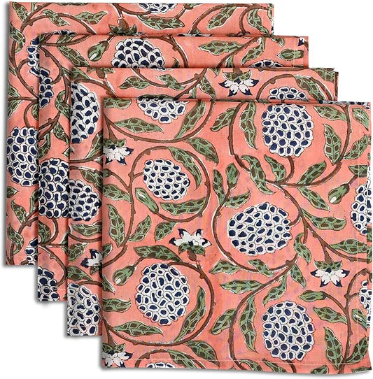 Dark Salmon Hand Block Print 100% Cotton Napkins 18" x 18" (Set of 4) Reuseable Kitchen Napkins Cloth Decor Dinner Party Wedding Cocktail Gift for Spring, Easter, Summer by Ridhi