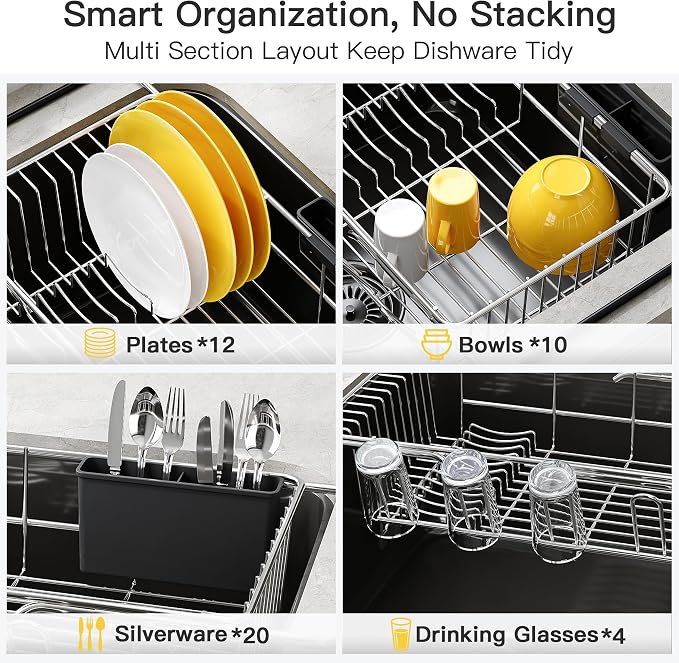 JASIWAY in Sink Dish Drying Rack with Drainboard and Utensil Holder | Use Over the Sink or Counter, Stainless Steel Expandable Dish Drainer for Small Kitchen, Space Saving, Fast Drain, Rustproof - Image 8