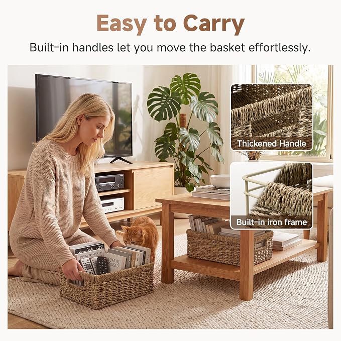 StorageWorks Wicker Baskets for Organizing,Seagrass Baskets for Decor,2Pack | Rectangle Wicker Baskets for Organizing, Wicker Storage Baskets for Shelves, Decorative Baskets,Seagrass Baskets with Handles - Image 4