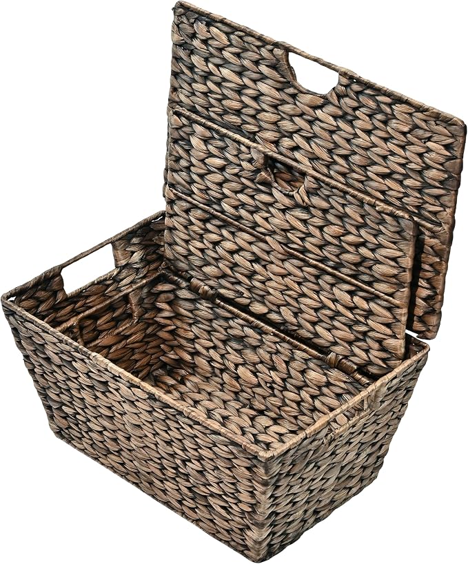 happimess Wilder Hyacinth Storage Baskets with Lids 16", Brown, Set of 2 | Farmhouse Style, Woven Wicker, Built-in Handles, Metal Frame Construction, Nesting For Easy Organization, Rectangular - Image 6