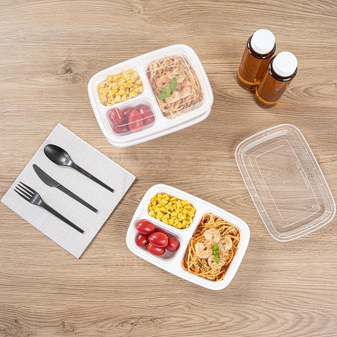 Restaurantware Asporto 26 Ounce Compartment Take Out Boxes, 100 Microwavable Meal Prep Containers - 3 Compartments, With Clear Plastic Lids, White Plastic Food Containers, Do Not Contain BPA - Image 8