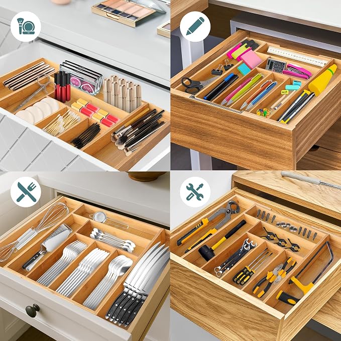 Sben Expandable Drawer Organizer for Utensils Holder, Adjustable Cutlery Tray, 6-8 Slots, Premium Wood Drawer Dividers Organizer for Silverware, Flatware, Knives for Kitchen (Bamboo) - Image 6