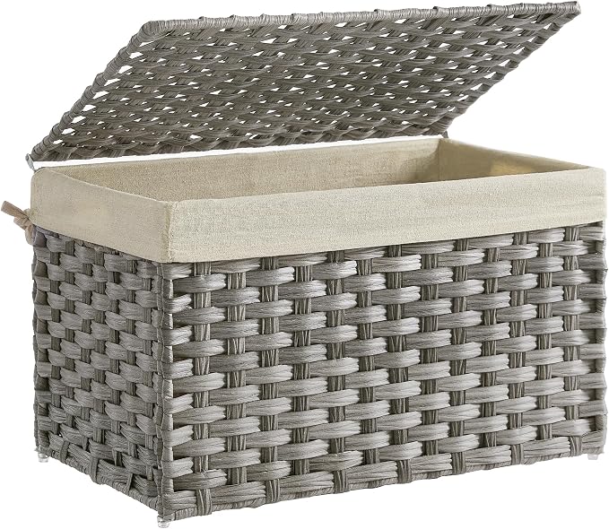 SONGMICS Storage Basket with Lid, Woven Blanket Storage Bin with Handles, Foldable, Removable Liner, Metal Frame, for Bedroom, Laundry Room, 17.2 Gallons (65 L), Gray URST56WG by Unknown