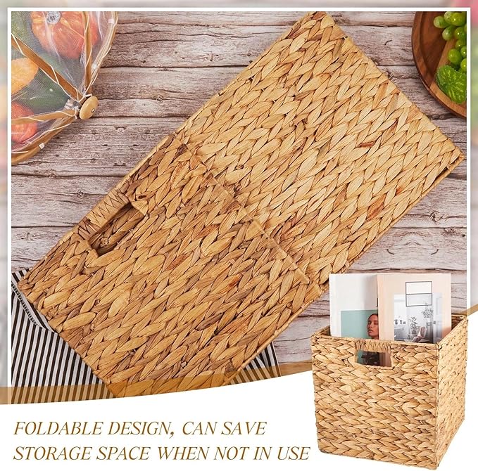 Jinei 12 Pcs Water Hyacinth Storage Baskets 11"x11"x11" Wood Color | Handwoven Wicker Bins with Handles, Wicker Cube Baskets Bulk for Shelves Organizer Laundry, Closet Bedroom - Image 4