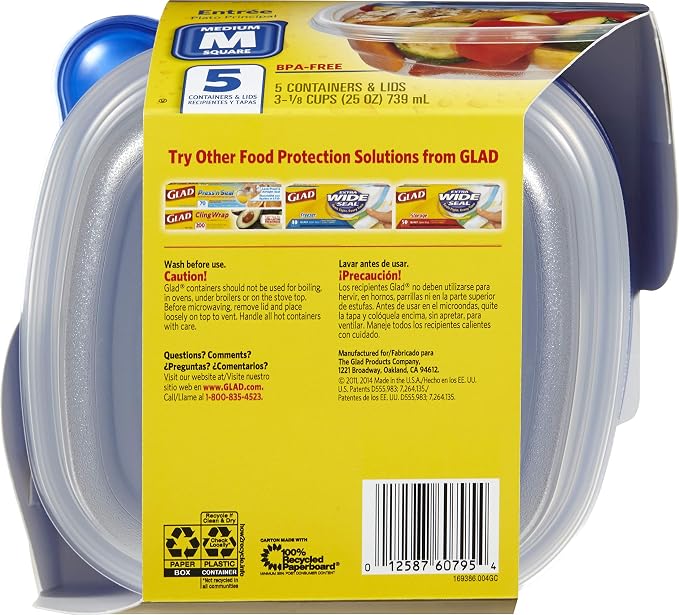 GladWare Entree Food Storage Containers, Medium Square Holds 25 Ounces of Food, 5 Count Set | Tupperware, Plastic Food Container, Meal Prep Container, Plastic Containers with Lids - Image 9