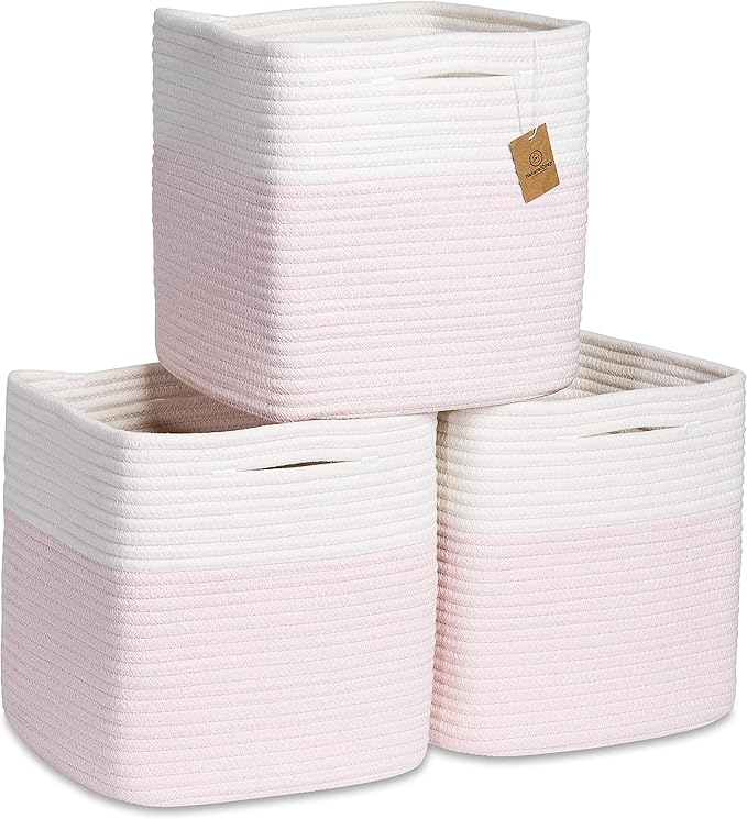 NaturalCozy Storage Cubes 11 Inch Cotton Rope Woven Baskets for Organizing, 3-Pack | Cube Storage Bin | Square Storage Baskets for Shelves Organizer, Classroom, Kids Toy Bins, Closet, Baby Nursery by NaturalCozy