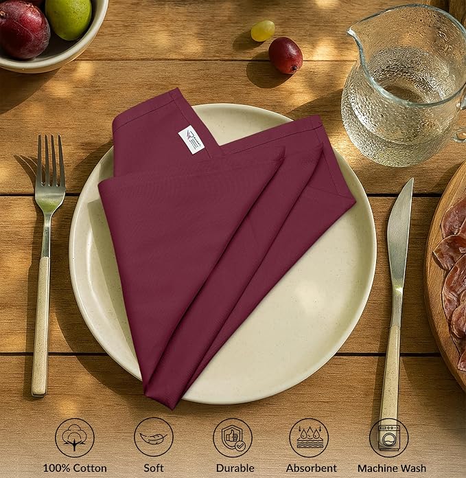 Ruvanti Cloth Napkins Set of 12, 100% Cotton High GSM 18x18 Inches Soft, Washable, Highly Durable & Absorbent, Perfect for Parties, Christmas, Thanksgiving Dinners – Burgundy - Image 4