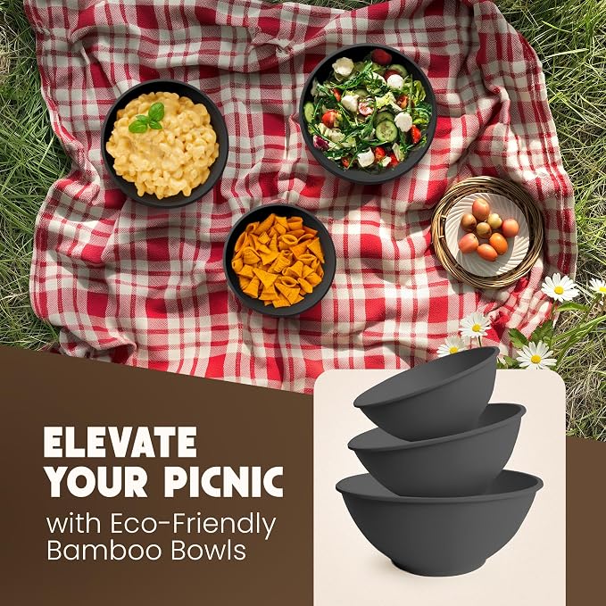 Bamboo Eco Salad Bowl Set - Set of 3 Salad Bowls Large with Seal Lid & Serving Utensils - Bamboo Fiber Bowl Set Perfect for Mixing, Serving, and Storage - Midnight Black - Image 6