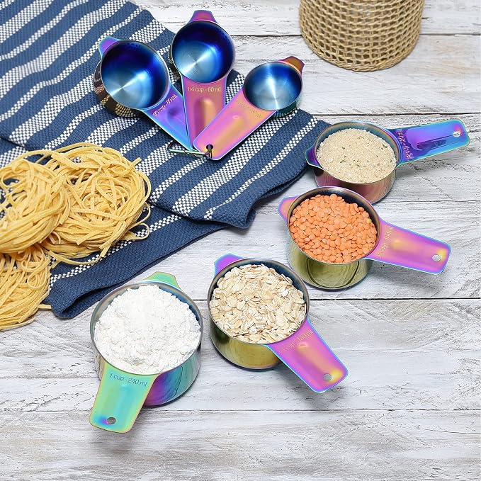 Kich 14 Piece Iridescent Rainbow Stainless Steel Measuring Cups and Spoons Set Magnetic Metal Kitchen Conversion Chart Included Large Small and Mini Scoop Cute Colorful Design - Image 6