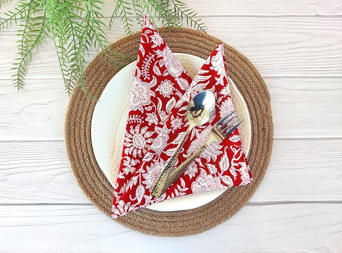 Cotton Print Napkins 18x18 inches - Washable Cloth Dinner Napkins Set of 6 - Everyday Use or Dinner Party and Events - Red White Indian Block Printed Soft Fabric by Craftbot - Image 2