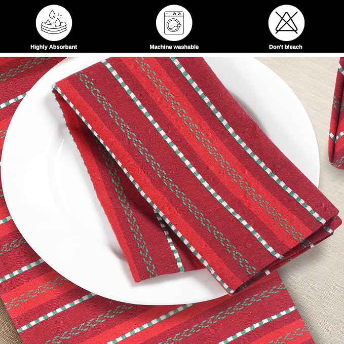 Bedding Craft Cotton Cloth Napkins Set of 12-18x18 Inch Machine Washable Dinner Napkins, Set of 12 Red Green Multi Salsa Stripe Napkins, Wedding Napkins, Cotton Cloth Napkins for Everyday Use - Image 7