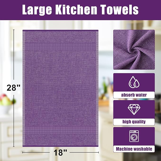 Homaxy 380 GSM Cotton Premium Kitchen Towels 6 Pack, 18"x 28", Purple | Flat and Terry Dish Towels, Highly Absorbent Tea Towel Set with Hanging Loop, Soft Utility Kitchen Hand Towels - Image 9