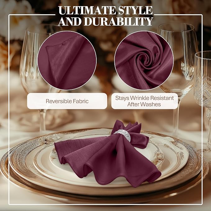 17x17-Inch Shantung Cloth Napkins, Aubergine, Set of 120 | Bulk Case of 10 Dozen, Satin, Square, 100% Polyester Fabric, Reversible, Faux Dupioni Silk Reverse Side, Machine Washable - Image 3