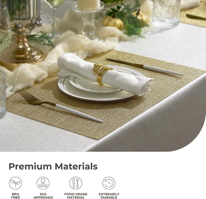 Leetaltree Gold Placemats Set of 8 - Heat Resistant Non-Slip Place mats for Dining Table, Washable Durable PVC Vinyl Woven Table Mats(Luxury Gold, 8) - Image 5